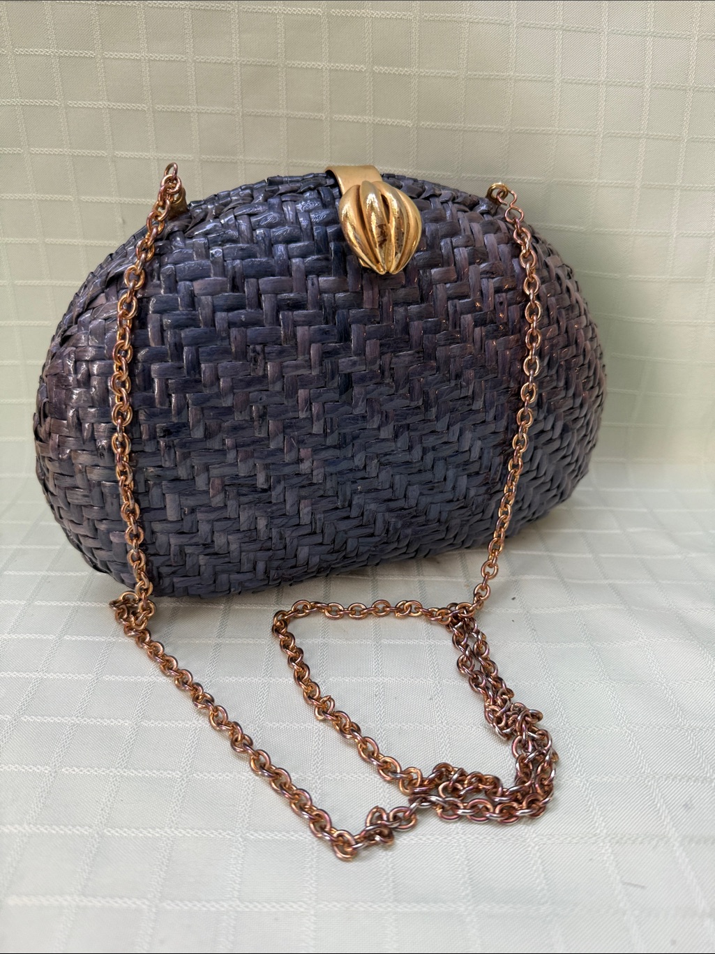 Vintage Woven Navy Evening Shoulder Bag/Clutch With Gold Chain And Unique Lock